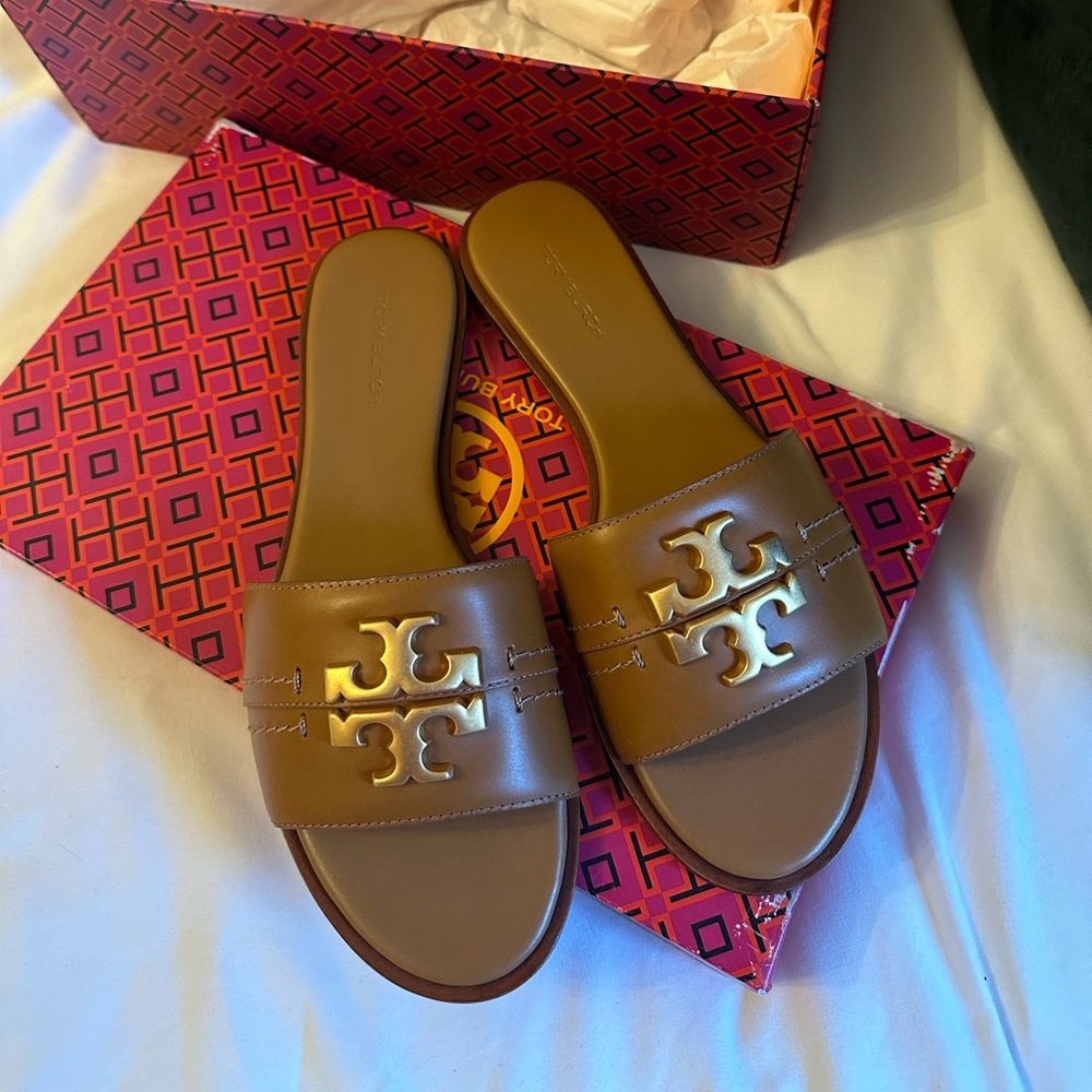 Tory Burch Brown Leather Miller Logo Slide Sandals with Gold Hardware